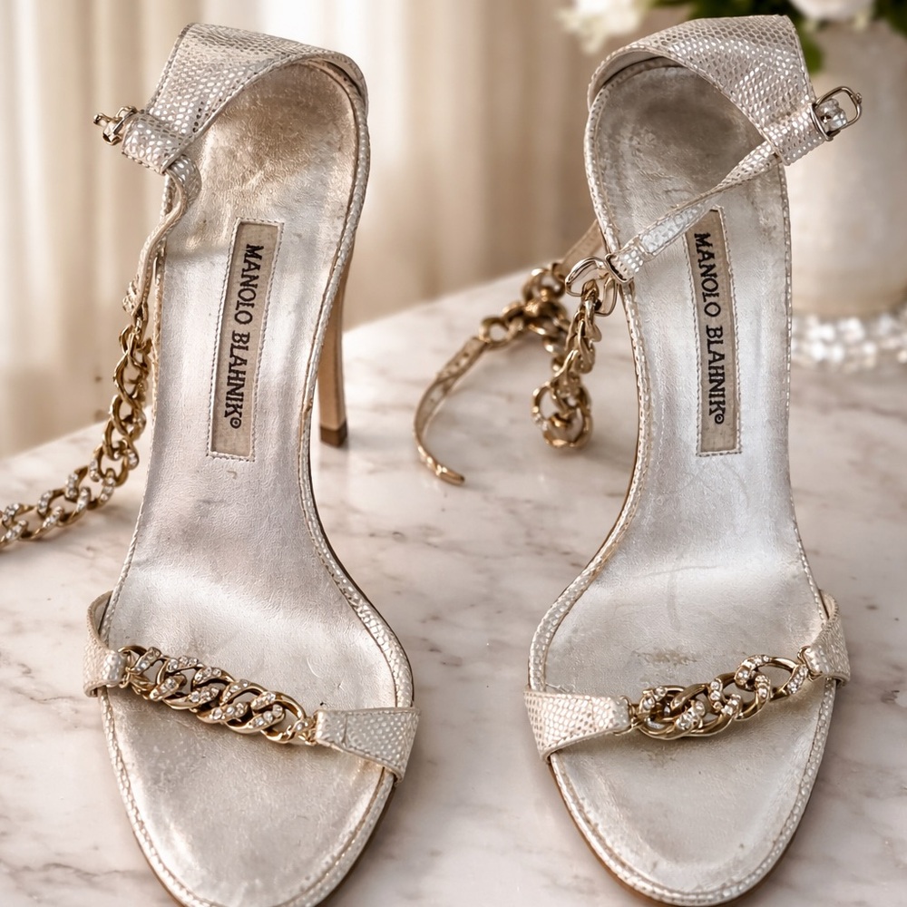 Manolo Blahnik Metallic Chain Accent Heels